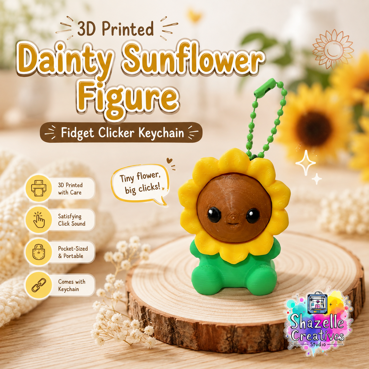 🌻 3D Printed Dainty Sunflower Figure Fidget Clicker Keychain