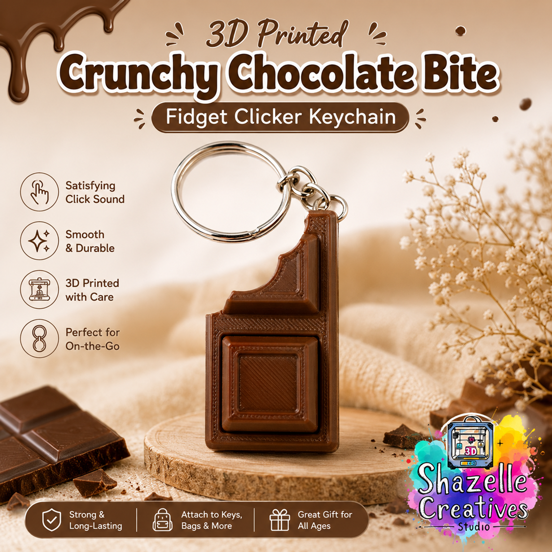 🍫 3D Printed Crunchy Chocolate Bite Fidget Clicker Keychain 😆