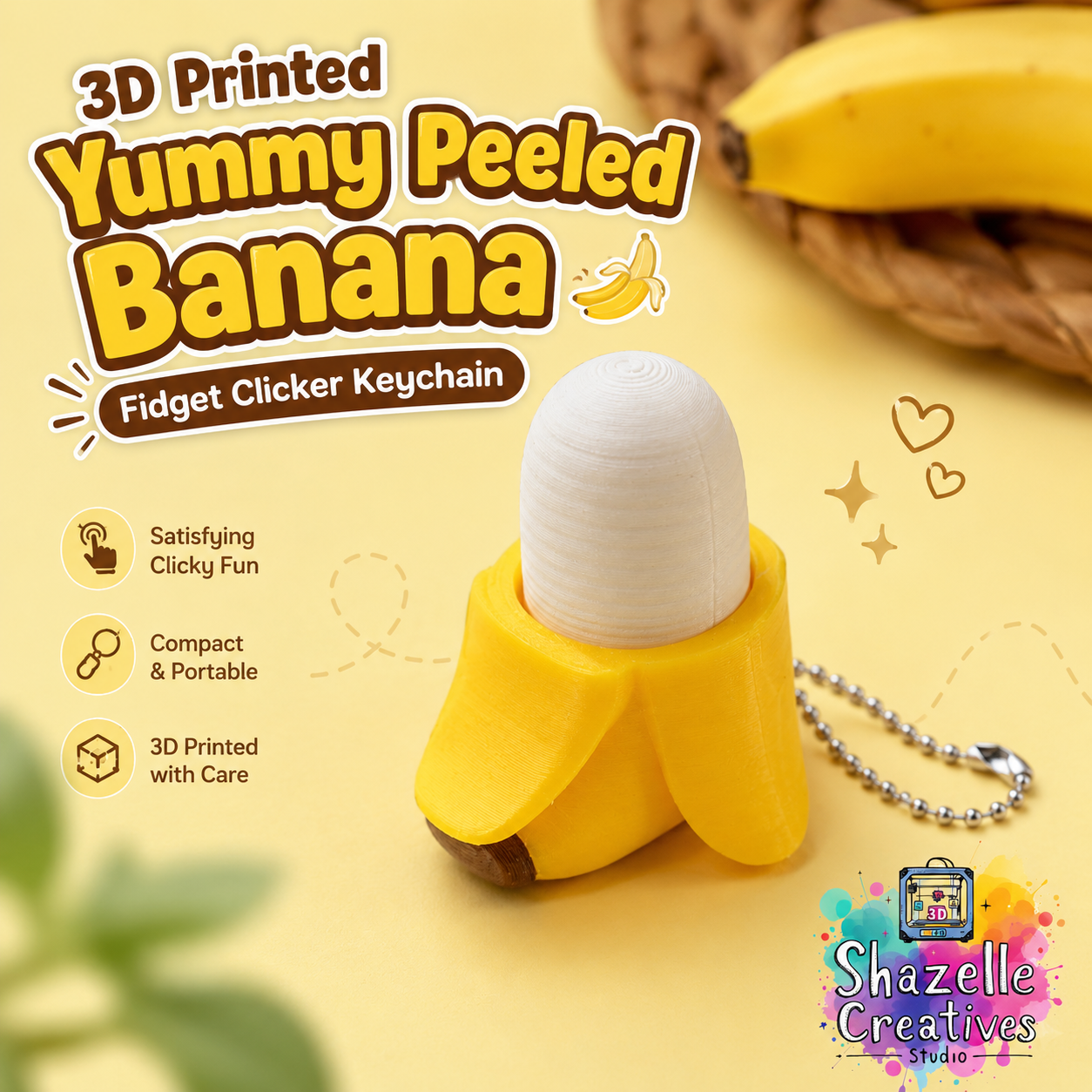 🍌 3D Printed Yummy Peeled Banana Fidget Clicker Keychain ✨