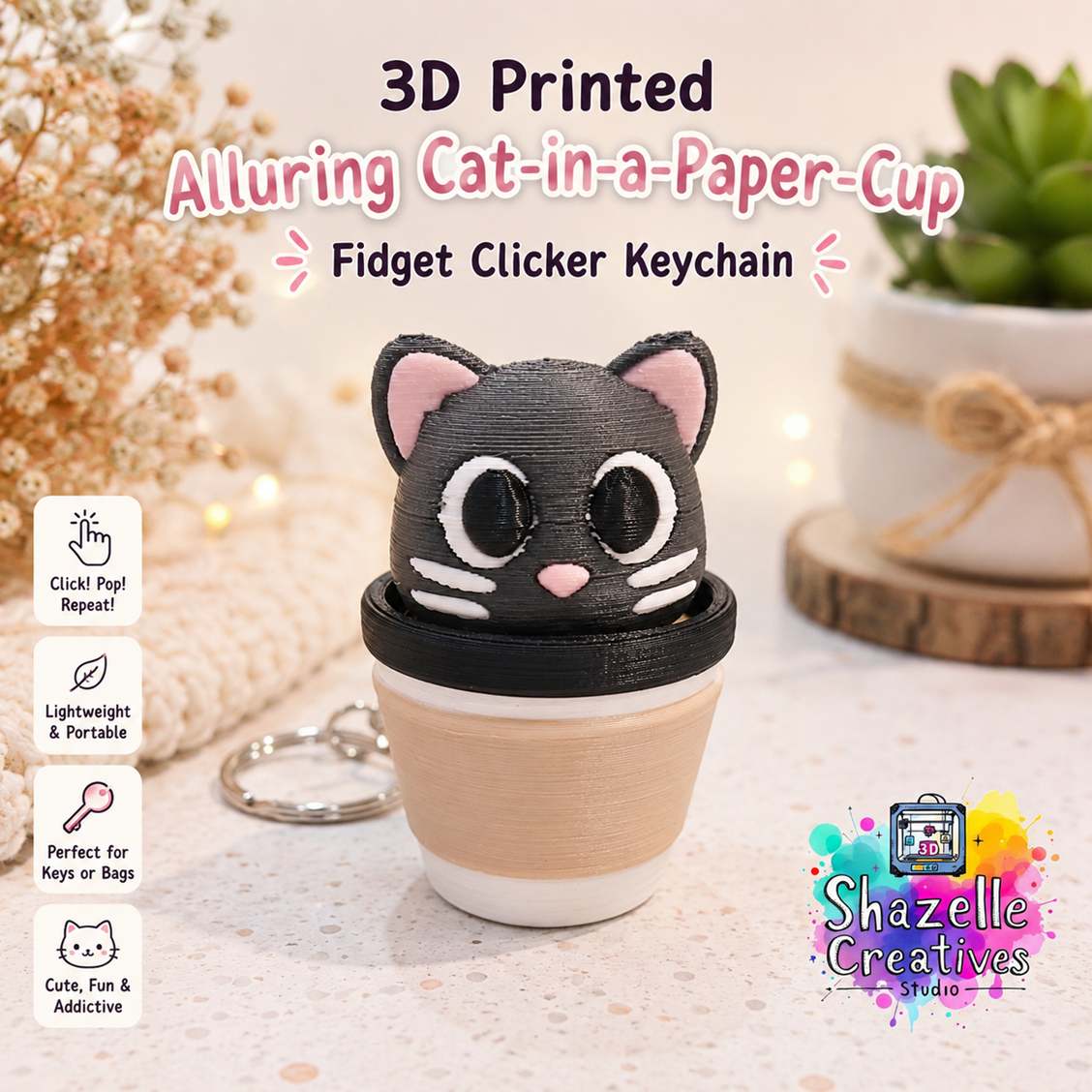 π± 3D Printed Alluring Cat-in-a-Paper-Cup Fidget Clicker Keychain β