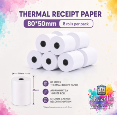 Thermal Receipt Paper Roll 80x50mm – 8 Rolls Per Pack