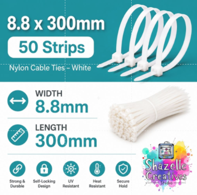 8.8 x 300mm White Nylon Cable Ties – 50 Pack Heavy Duty Self-Locking Zip Ties