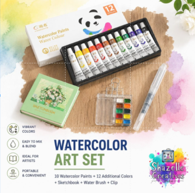 12-Color Watercolor Paint Set with Mini Sketchbook & Water Brush | Portable Watercolor Art Kit