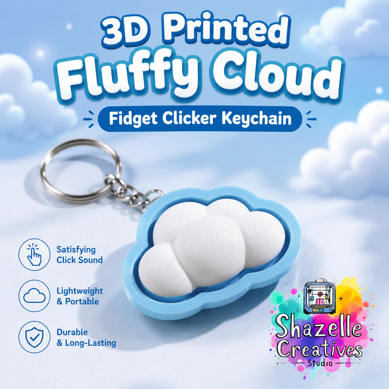 3D Printed Cloud Fidget Clicker Keychain - Cute Fluffy Sensory Toy
