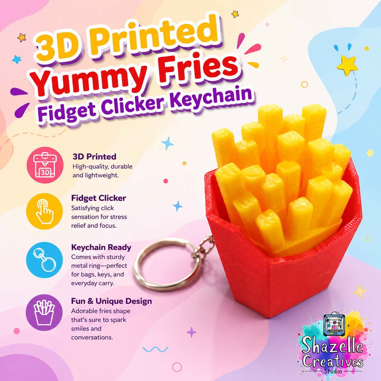 3D Printed Yummy Fries Fidget Clicker Keychain