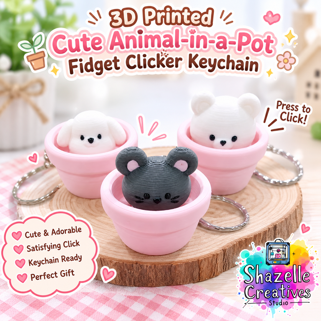 Adorable 3D Printed Animal-in-a-Pot Fidget Clicker Keychains