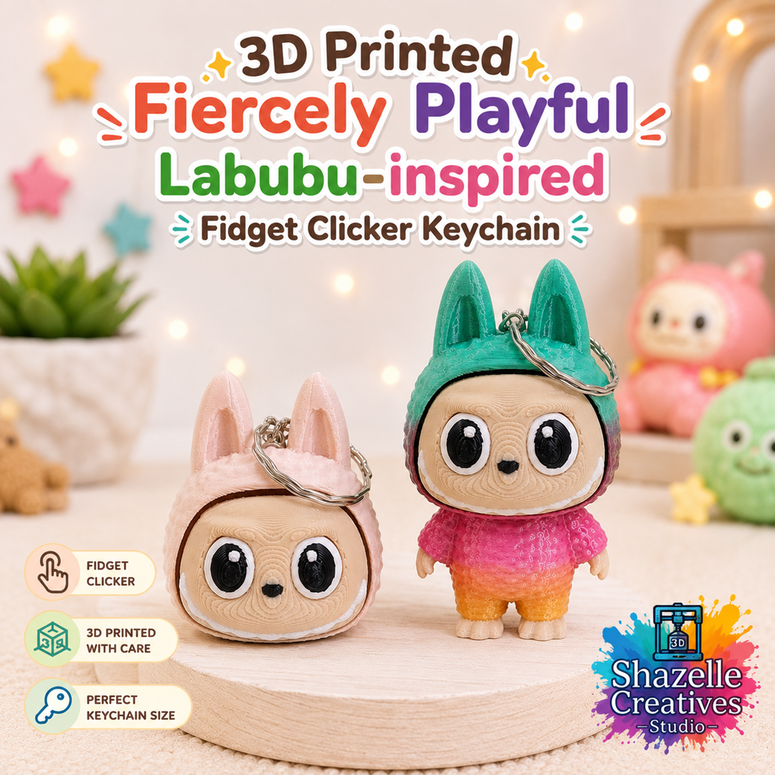 🧸 3D Printed Fiercely Playful Labubu-inspired Fidget Clicker Keychain ✨