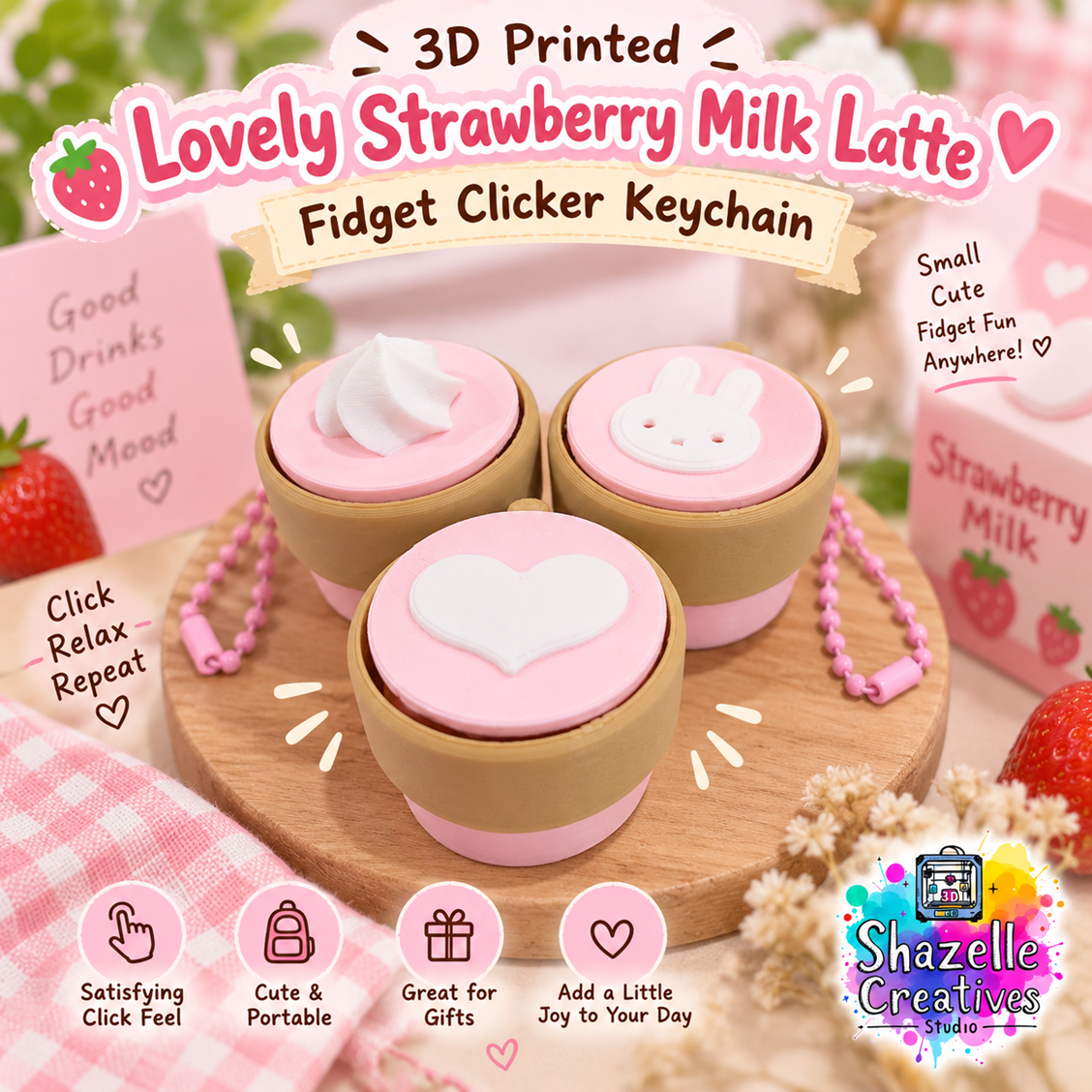 🍓 3D Printed Lovely Strawberry Milk Latte Fidget Clicker Keychain 🧋💕