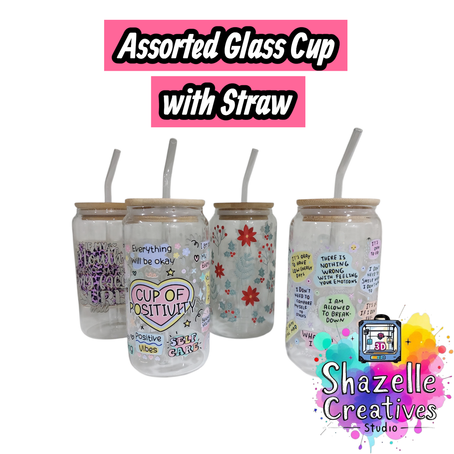 Assorted 480 ml Glass Cup with Straw