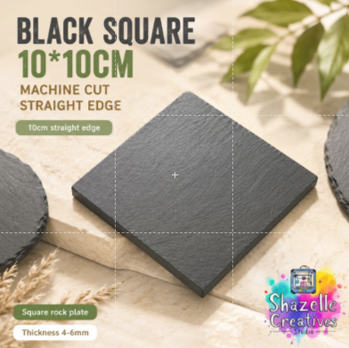 10 x 10cm Black Square Slate Rock Plate – Natural Stone Display Base