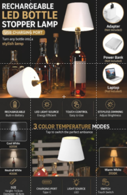 Rechargeable LED Bottle Stopper Lamp – 3 Color Temperature Touch Control Light