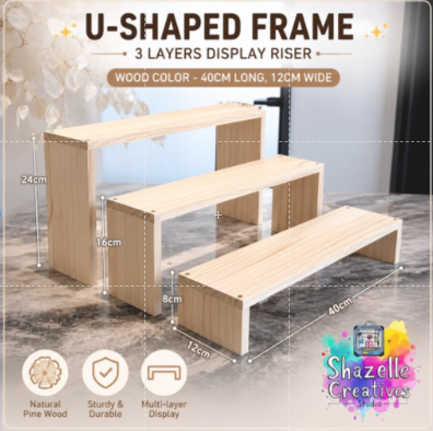 3-Tier Wooden U-Shaped Display Stand | 40cm x 12cm | Natural Pine Wood Display Riser