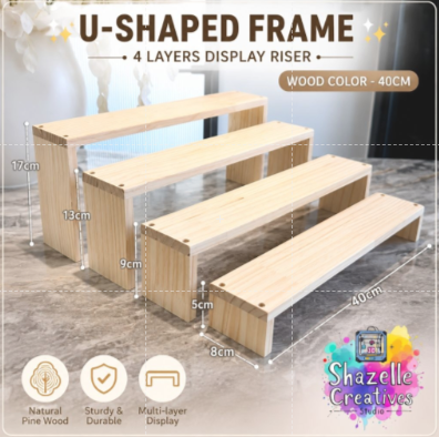 4-Tier Wooden U-Shaped Display Riser Stand | 40cm Natural Pine Wood Display Shelf