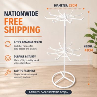 2-Tier Foldable Rotating Display Rack – Metal Countertop Stand for Jewelry, Keychains & Accessories (41cm)