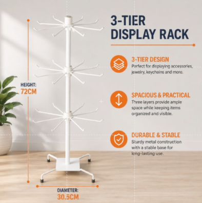 3-Tier Rotating Display Rack – Metal Countertop Stand for Keychains, Jewelry & Accessories (72cm)