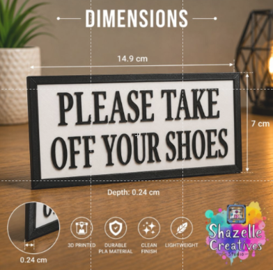 3D Printed Please Take Off Your Shoes Sign – Entryway & Home Etiquette Plaque | 14.9cm x 7cm