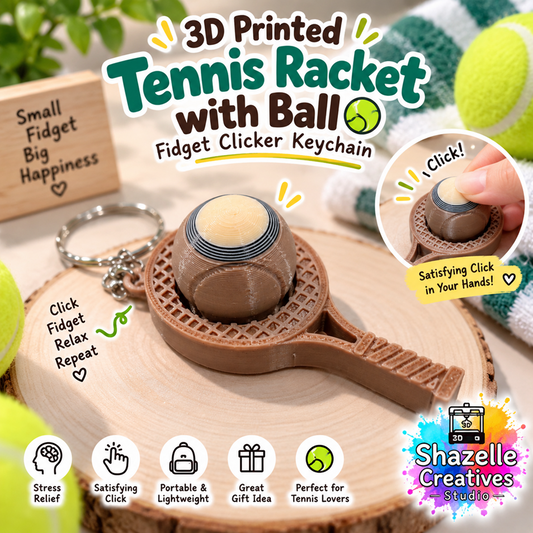 🎾 3D Printed Tennis Racket with Ball Fidget Clicker Keychain ✨