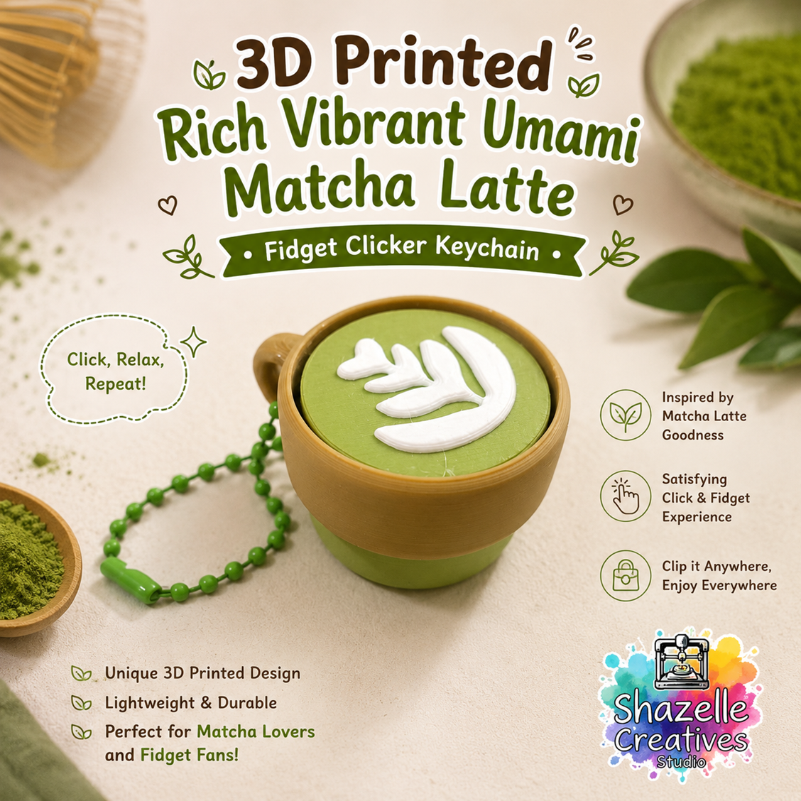 🍵 3D Printed Rich Vibrant Umami Matcha Latte Fidget Clicker Keychain 💚