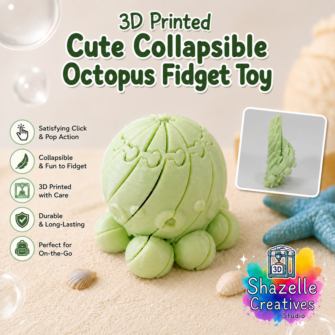 🐙 3D Printed Cute Collapsible Octopus Fidget Toy 💚