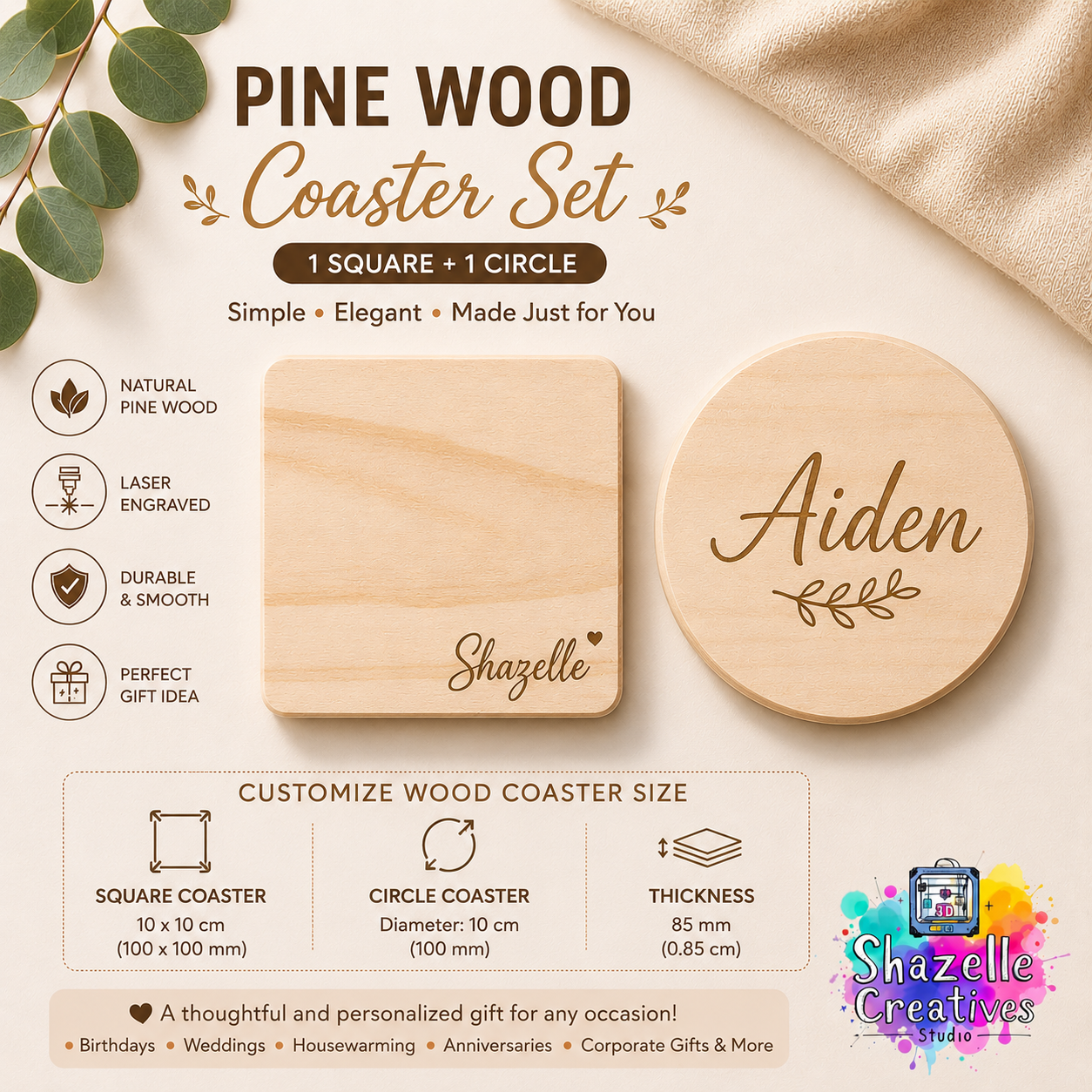Customized Laser-engraving Wood Coaster Set (round and square)