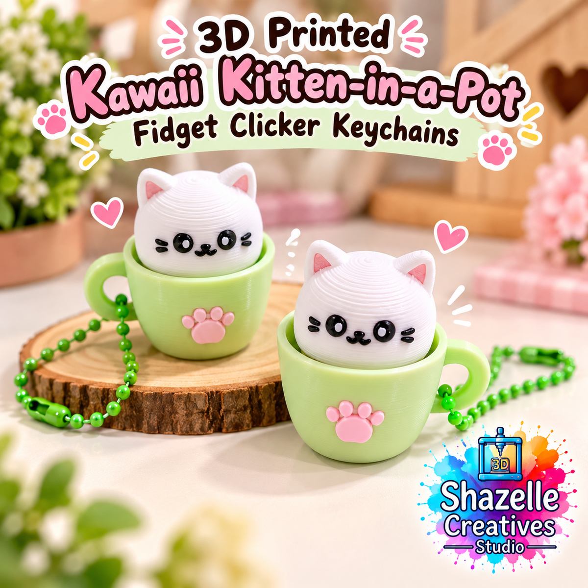 🐱 3D Printed Kawaii Kitten-in-a-Pot Fidget Clicker Keychains 💚🐾