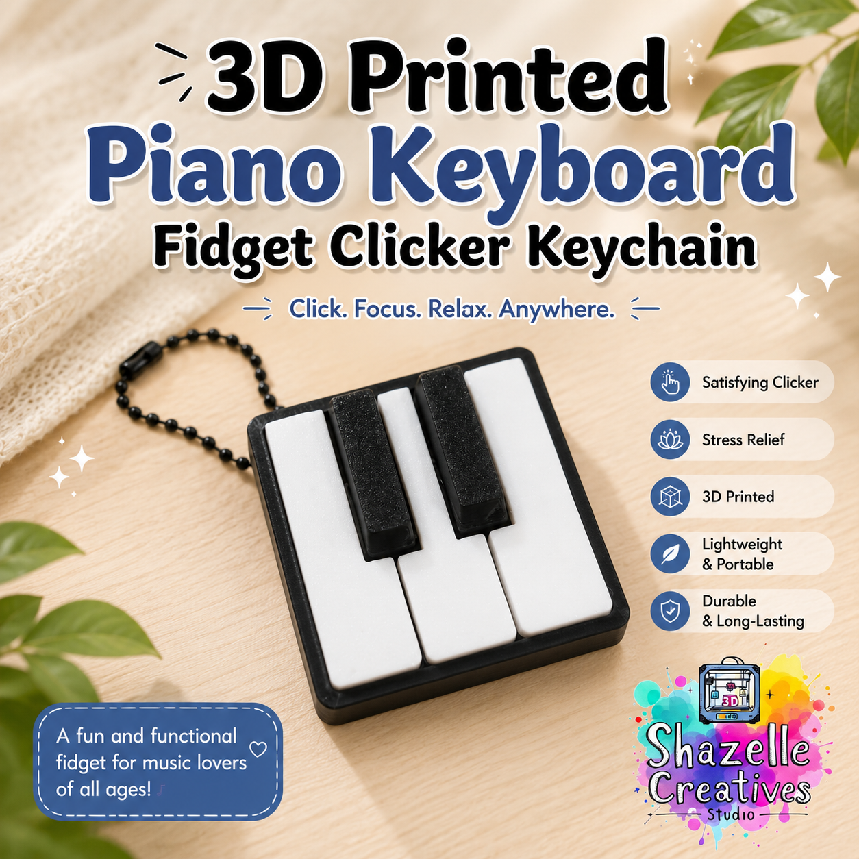 3D Printed Piano Keyboard Fidget Clicker Keychain